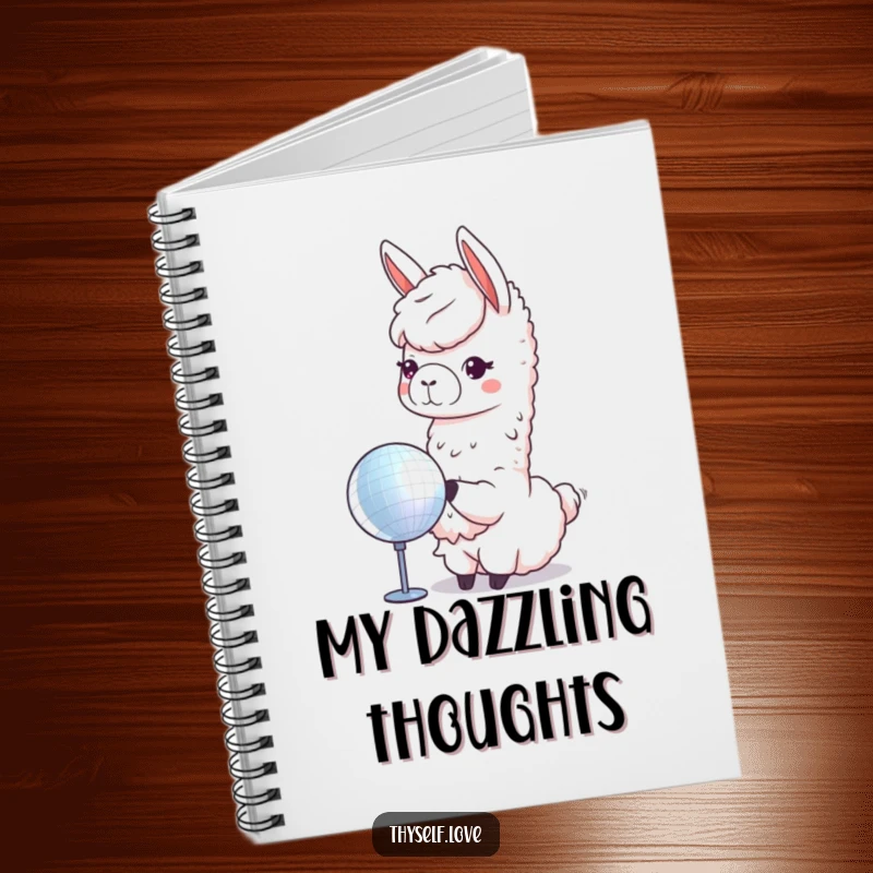 Funny llama notebook featuring a cute llama admiring its disco ball reflection, inspiring creativity and self-expression.