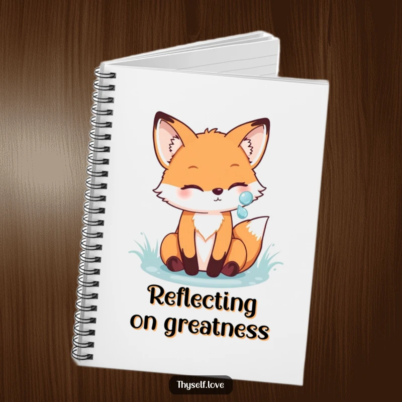 Funny fox notebook featuring a cheerful fox admiring its reflection in a sparkling dewdrop, perfect for capturing thoughts with charming woodland humor.