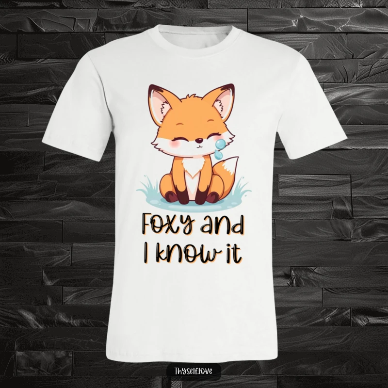 Funny fox t-shirt depicting a cheerful fox admiring its reflection in a sparkling dewdrop, embodying natural elegance and humor.
