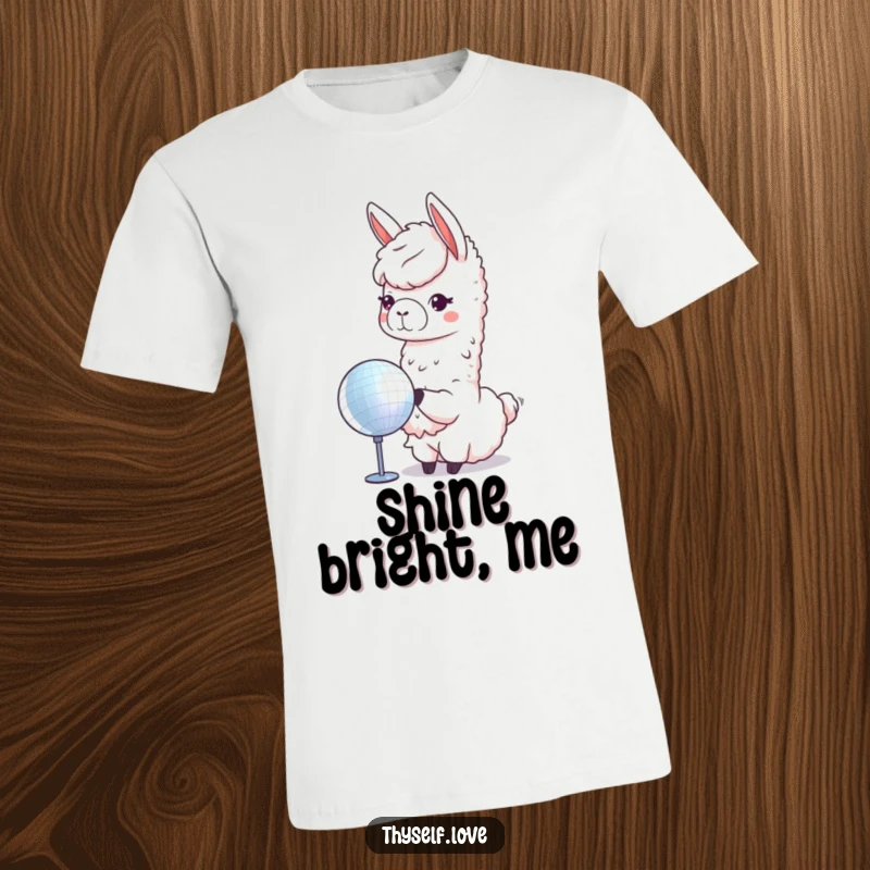 Funny llama t-shirt with a cute llama gazing at its reflection in a vibrant, shiny disco ball, exuding pure disco fever.