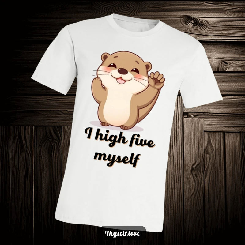 Funny otter t-shirt featuring a happy otter giving itself a high five, exuding joy and playful self-congratulation.