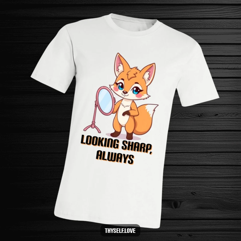 Funny fox t-shirt featuring a confident fox striking a pose with a vanity mirror, radiating sass and self-assurance.