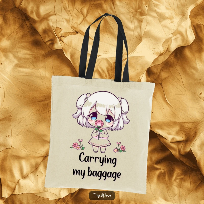 Funny Tote Bag: A character presents a bloom to its own mirrored outline, a humorous nod to self-care essentials.