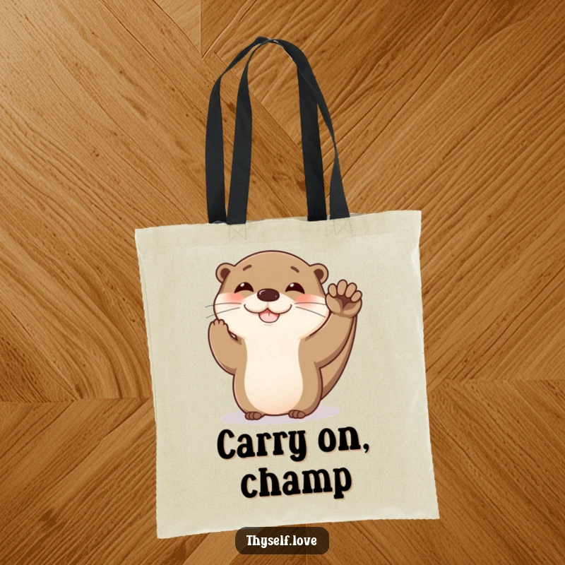 Funny otter tote bag showing a happy otter giving itself a high five, perfect for carrying essentials with celebratory, humorous flair.