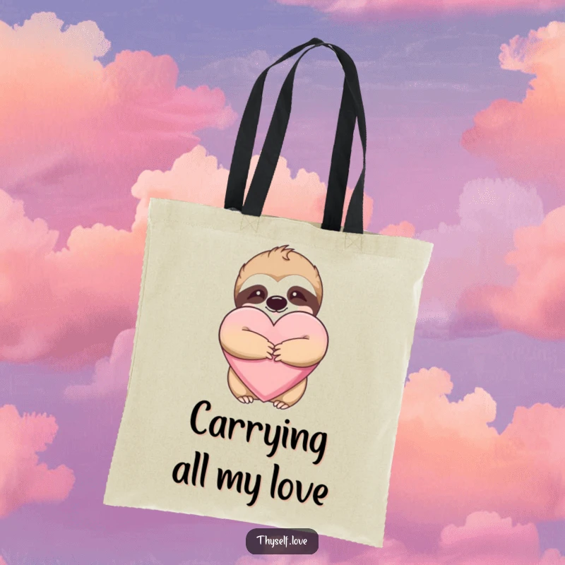 Funny tote bag graphic of a content sloth hugging a large, soft heart, perfect for carrying groceries or daily items.